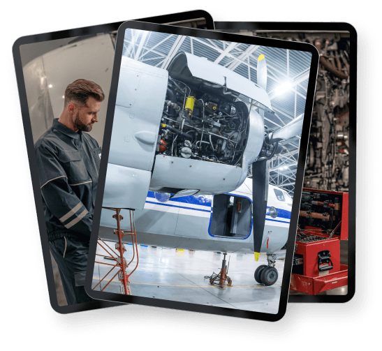 Combination of three images: employee working, hangar with a plane and a workshop.